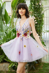 Misshow Purple Deep V Neck Open Back Homecoming Dress/Mini Dress With 3D Flowers