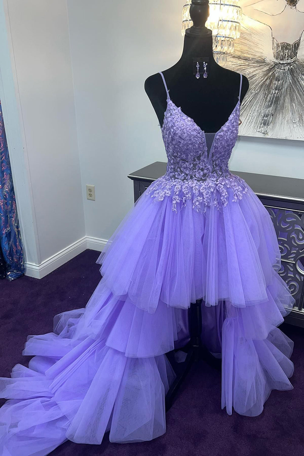 Misshow Purple High Low Tiered Homecoming Dress/Mini Dress with Lace