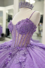 Misshow Purple Tulle Quinceanera Dress Strapless Ball Gown with 3D Beaded Flowers & Pleated Bow Details for Sweet 16 Evening and Formal Events