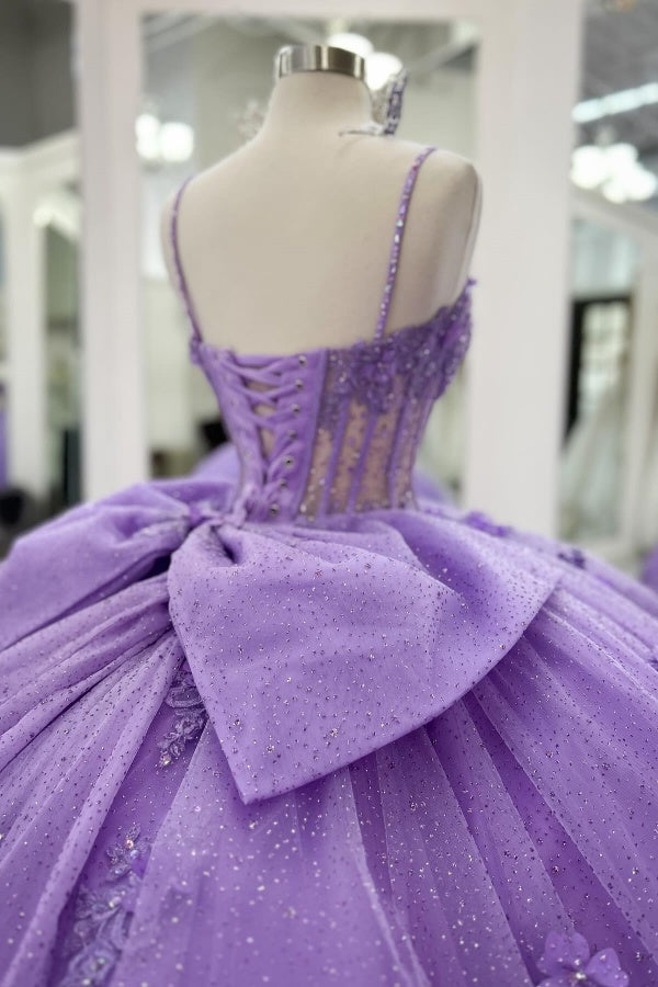 Misshow Purple Tulle Quinceanera Dress Strapless Ball Gown with 3D Beaded Flowers & Pleated Bow Details for Sweet 16 Evening and Formal Events