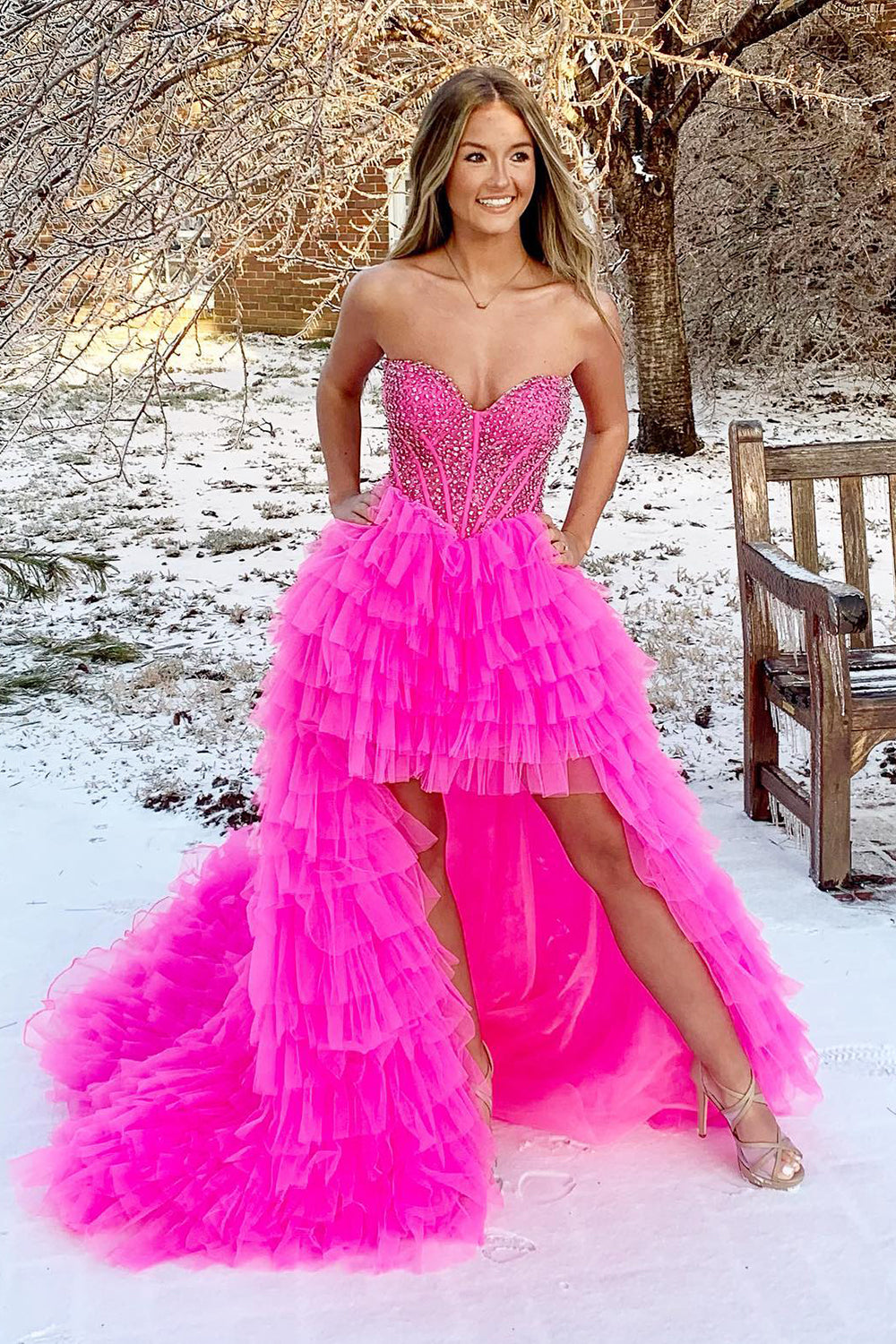 Misshow Red Beaded A-Line Tiered High Low Prom Homecoming Dress/Mini Dress
