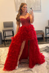 Misshow Red Beaded A-Line Tiered High Low Prom Homecoming Dress/Mini Dress