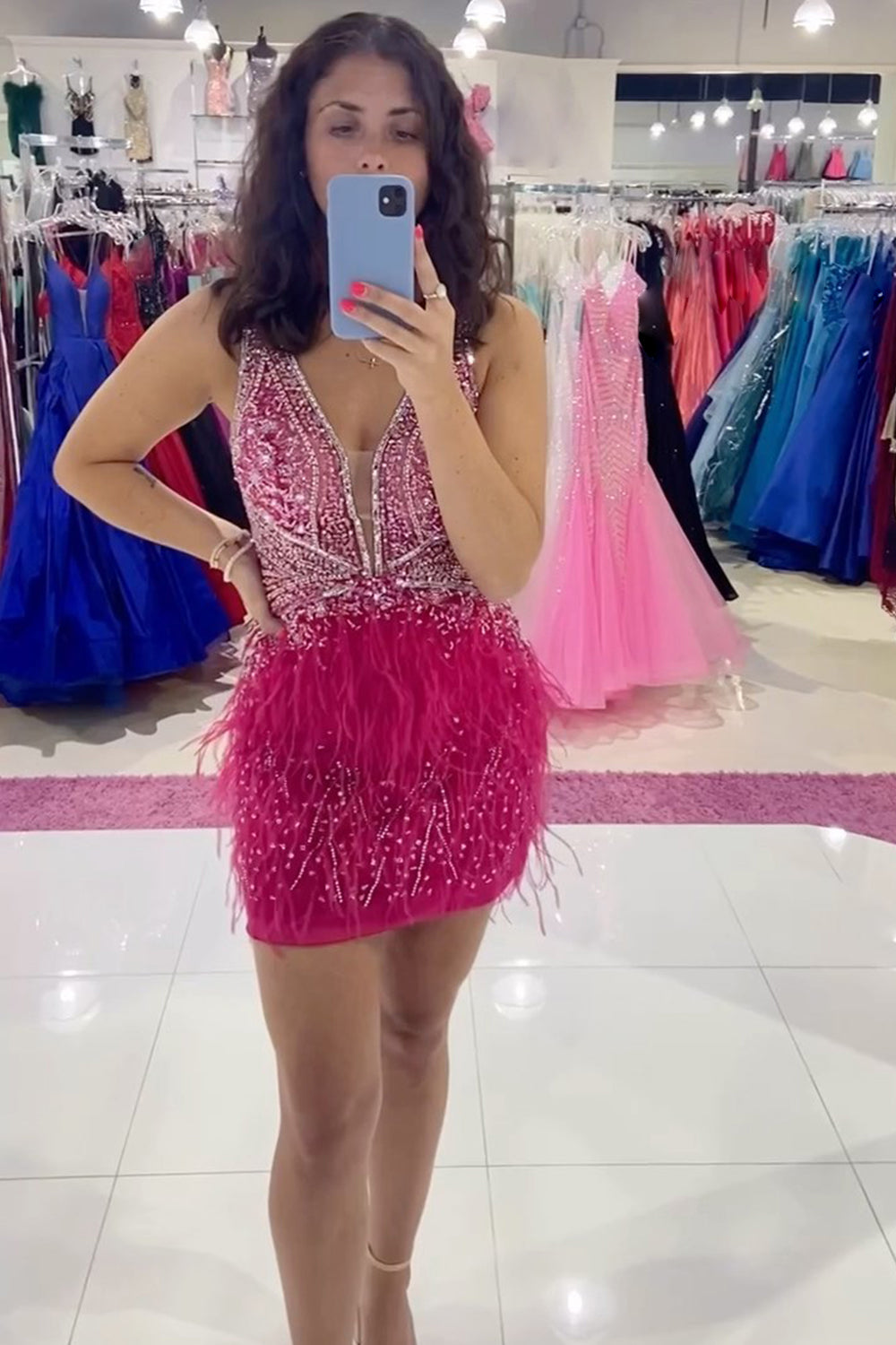 Misshow Red Beaded Sequins Tight Homecoming Dress/Mini Dress with Feathers