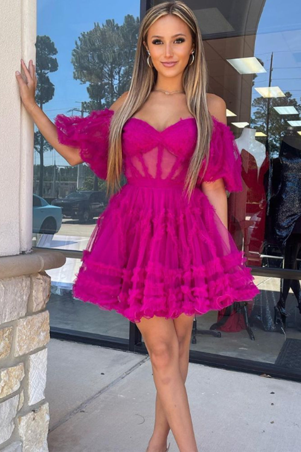 Misshow Red Corset A-Line Short Homecoming Dress/Mini Dress with Sleeves