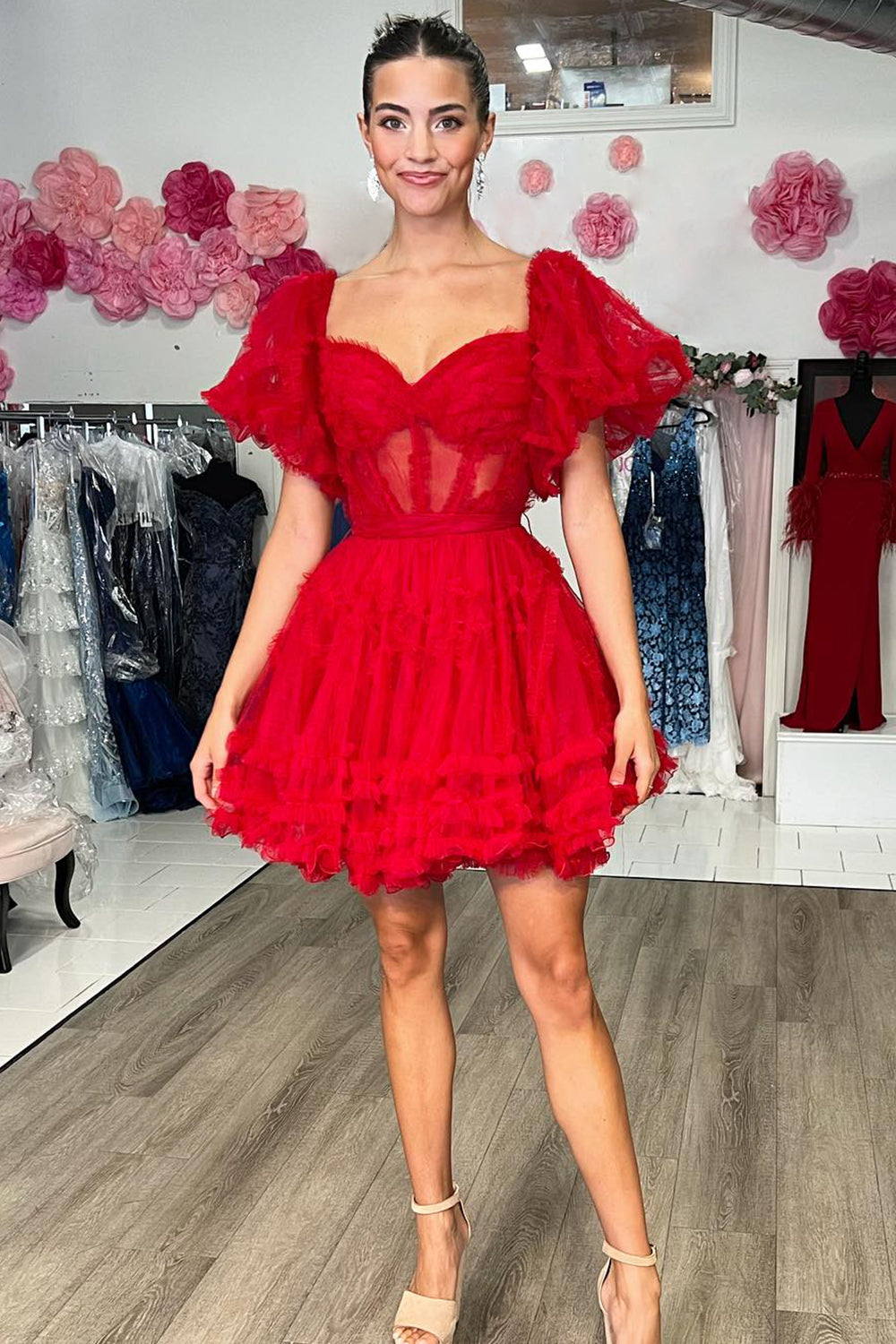 Misshow Red Corset A-Line Short Homecoming Dress/Mini Dress with Sleeves