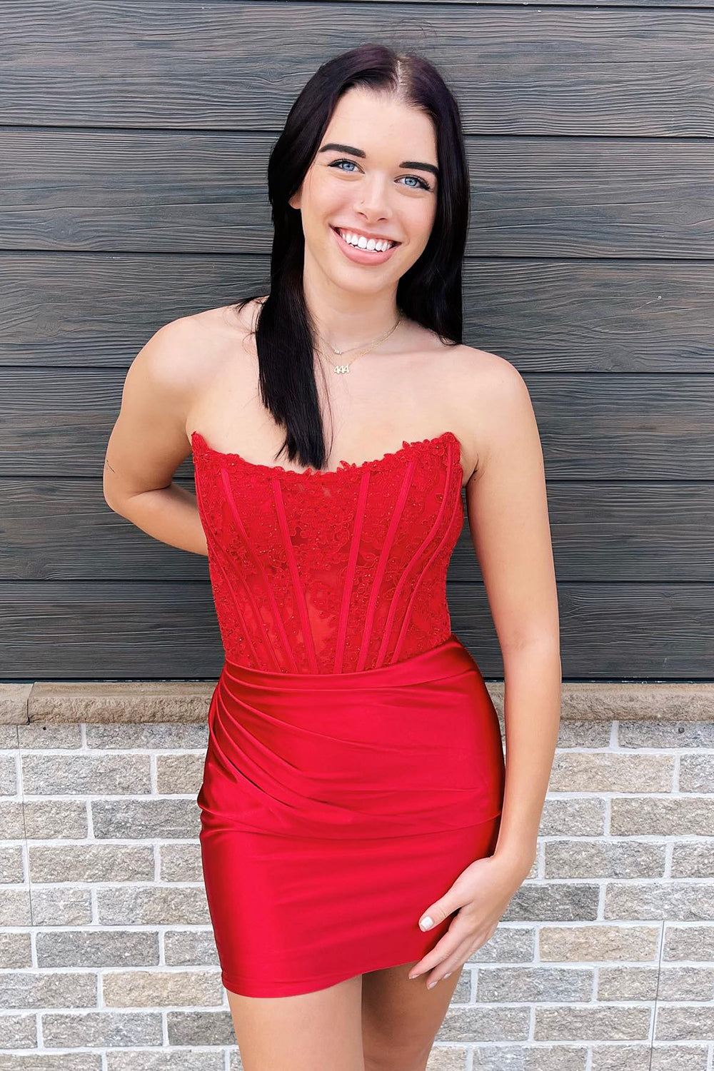 Misshow Red Corset Satin Tight Short Homecoming Dress/Mini Dress with Lace Top