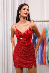 Misshow Red Glitter Corset Sequin Tight Short Mirror Homecoming Dress/Mini Dress
