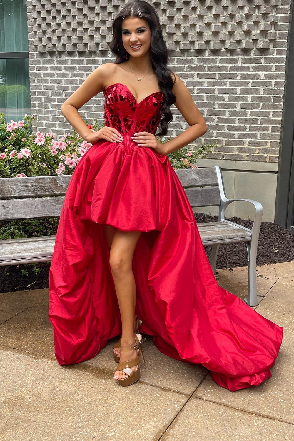 Misshow Red Mirror Strapless Corset High Low Homecoming Dress/Mini Dress