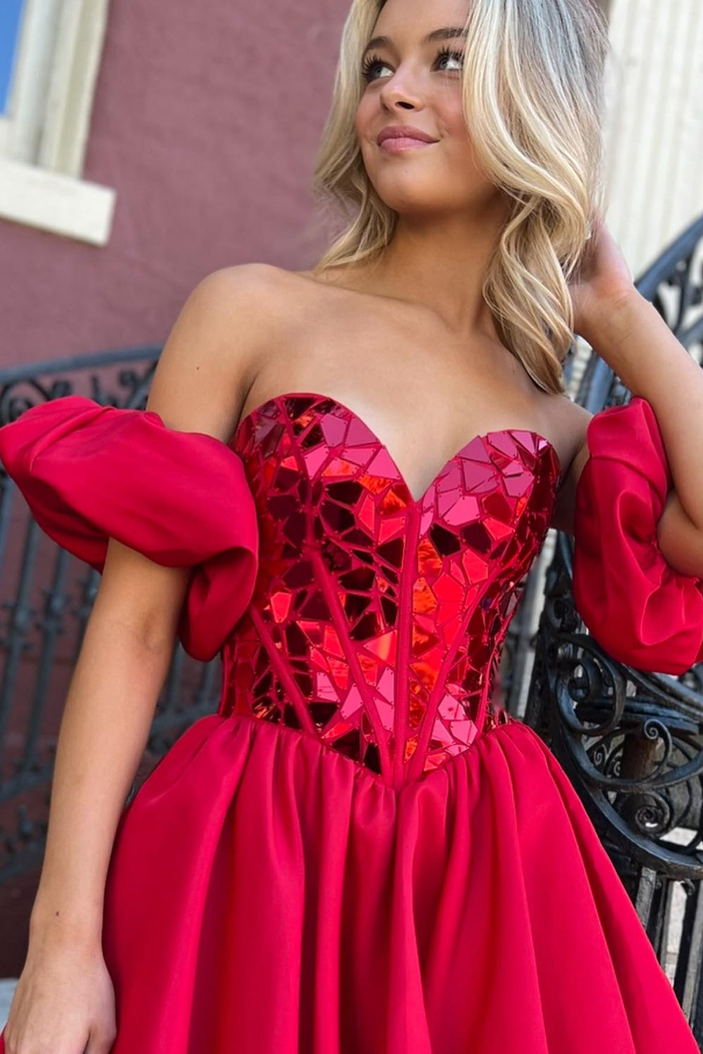 Misshow Red Mirror Sweetheart A Line Homecoming Dress/Mini Dress With Detchable Sleeves