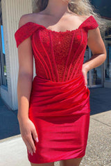 Misshow Red Off the Shoulder Tight Short Homecoming Dress/Mini Dress with Lace