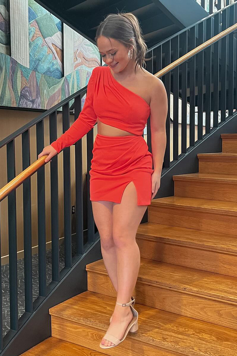 Misshow Red One Shoulder Bodycon Short Homecoming Dress/Mini Dress With Slit