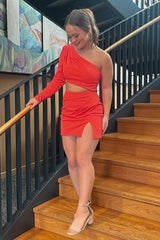 Misshow Red One Shoulder Bodycon Short Homecoming Dress/Mini Dress With Slit