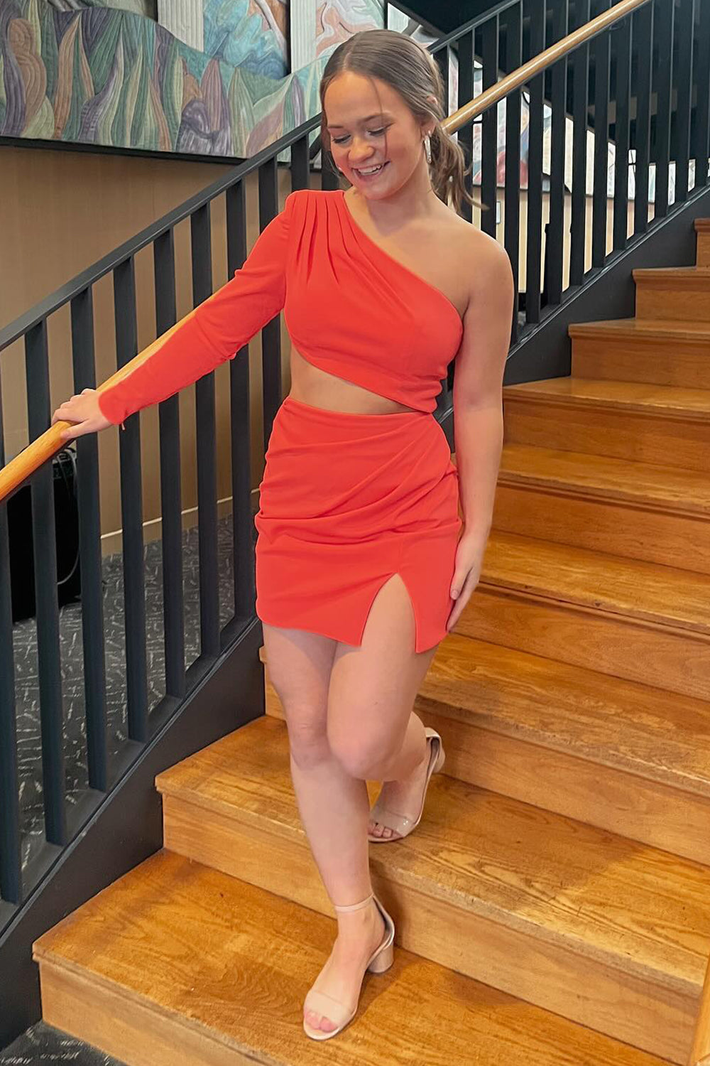 Misshow Red One Shoulder Bodycon Short Homecoming Dress/Mini Dress With Slit