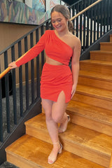 Misshow Red One Shoulder Bodycon Short Homecoming Dress/Mini Dress With Slit