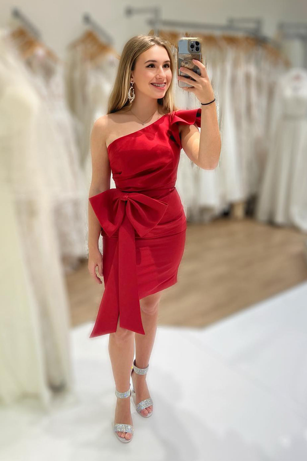 Misshow Red One Shoulder Tight Short Homecoming Dress/Mini Dress With Bow