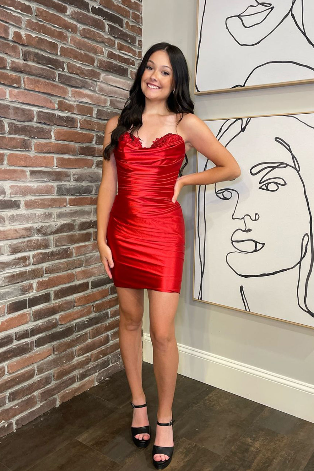 Misshow Red Satin Sweetheart Tight Short Homecoming Dress/Mini Dress With Lace