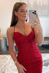Misshow Red Spaghetti Straps Tight Short Homecoming Dress/Mini Dress with Appliques