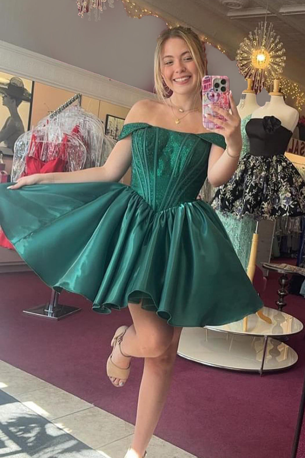 Misshow Red Sparkly Off The Shoulder Corset A Line Short Homecoming Dress/Mini Dress