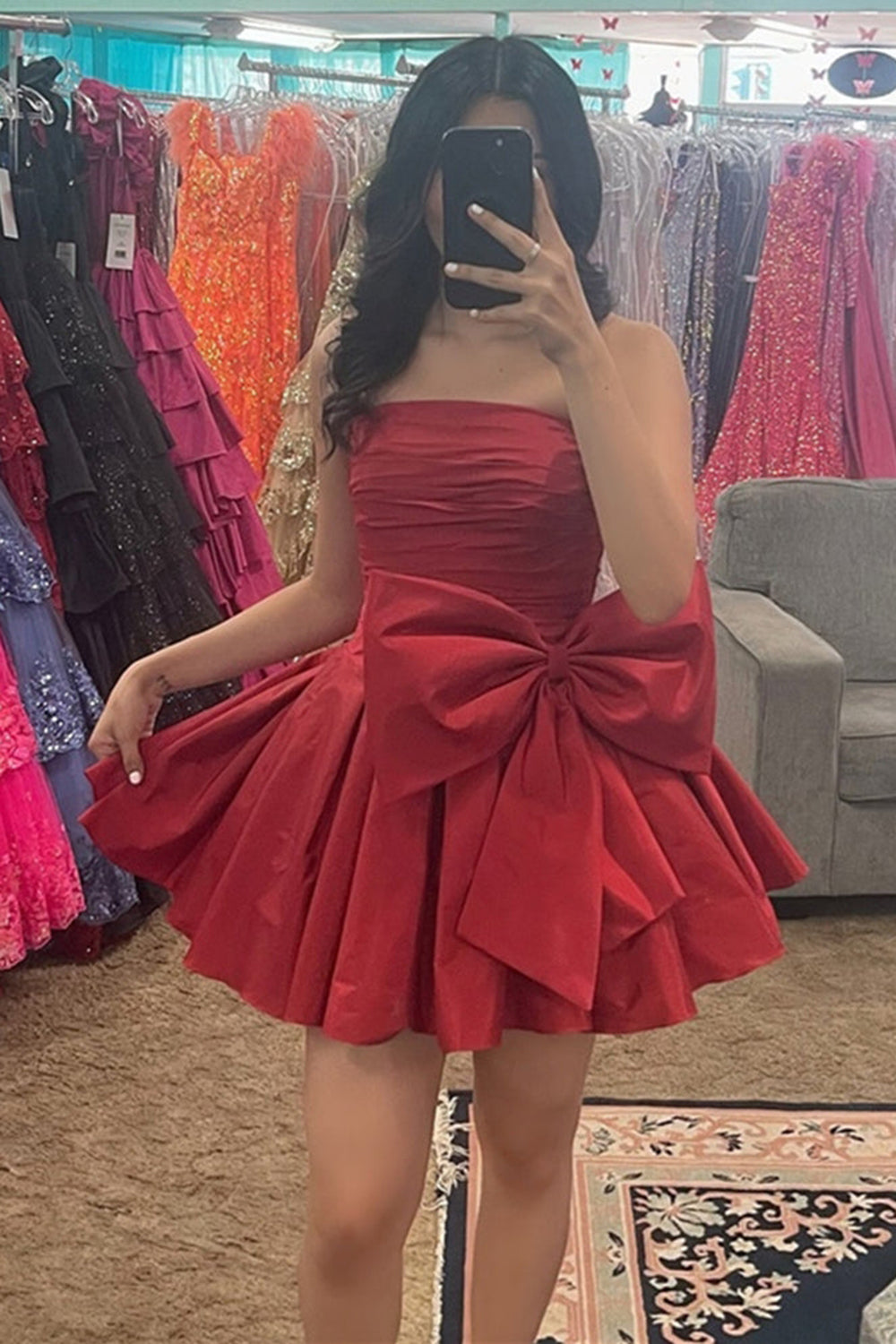 Misshow Red Strapless A-Line Satin Short Homecoming Dress/Mini Dress with Bowknot