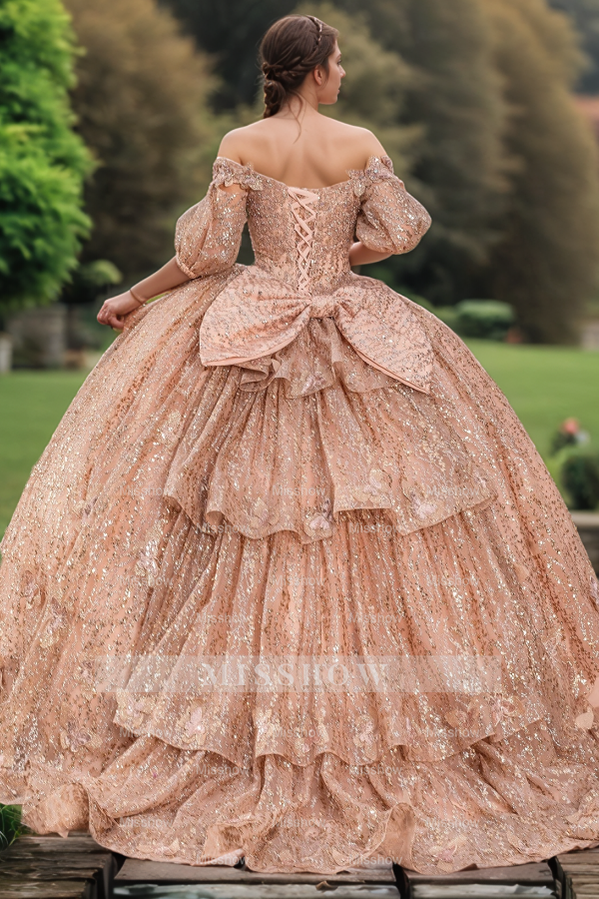 Misshow Rose Gold Ball Gown Off-Shoulder 3D Butterfly Glitter