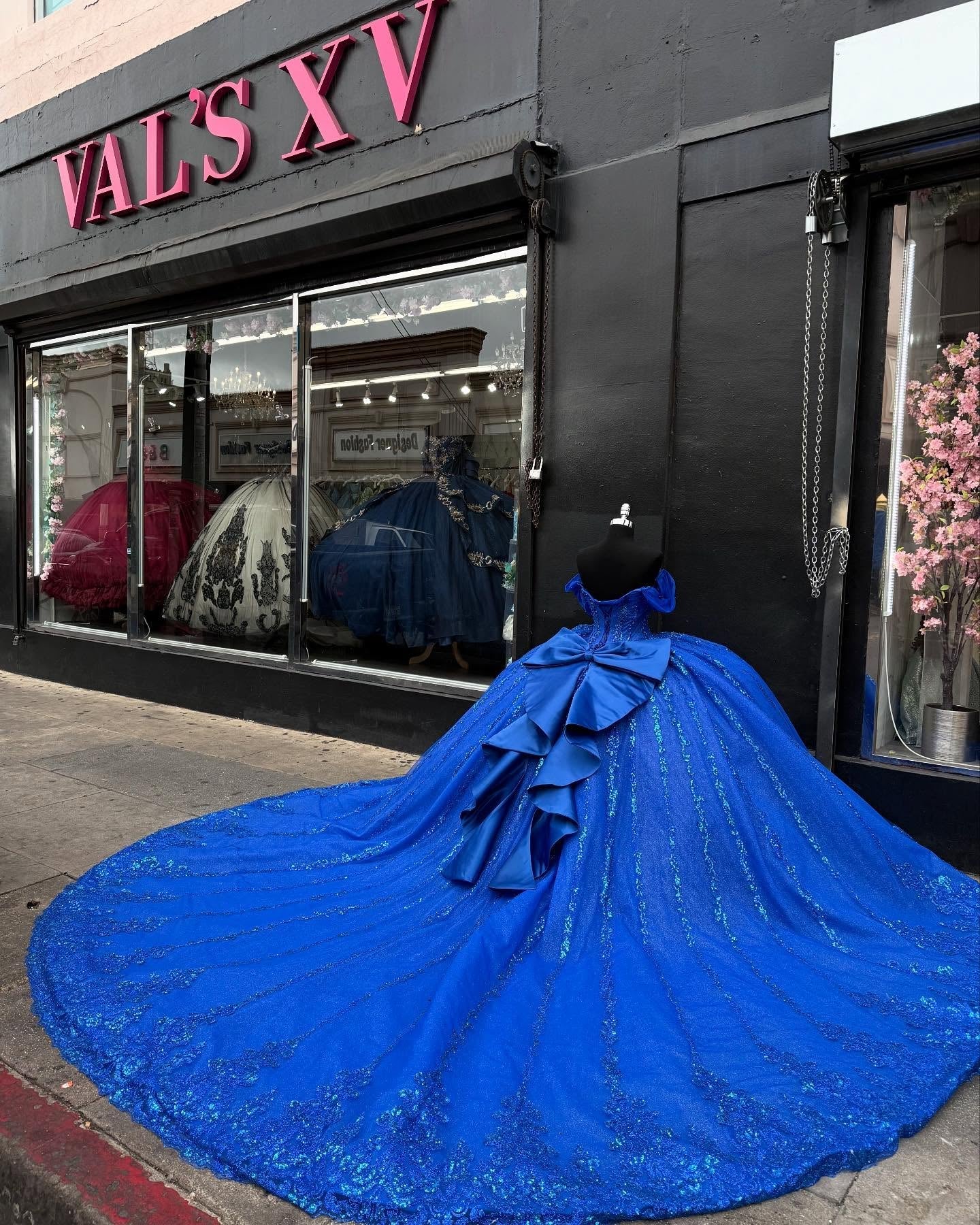 Misshow Royal Blue Beaded Ball Gown Off-Shoulder Sparkly Tulle Quinceanera Dress with Sequins & Bow Detail for Sweet 16 Evening & Formal Events