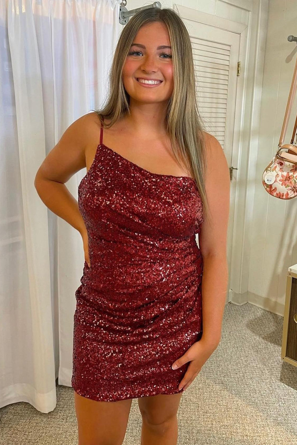 Misshow Royal Blue Glitter One Shoulder Tight Homecoming Dress/Mini Dress