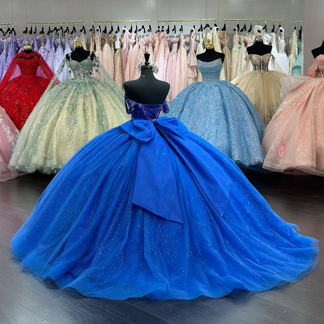 Misshow Royal Blue Off-Shoulder Ball Gown Sparkly Beaded Tulle Quinceanera Dress with Pleated Skirt & Lace-Up Back for Sweet 16 or Birthday Parties