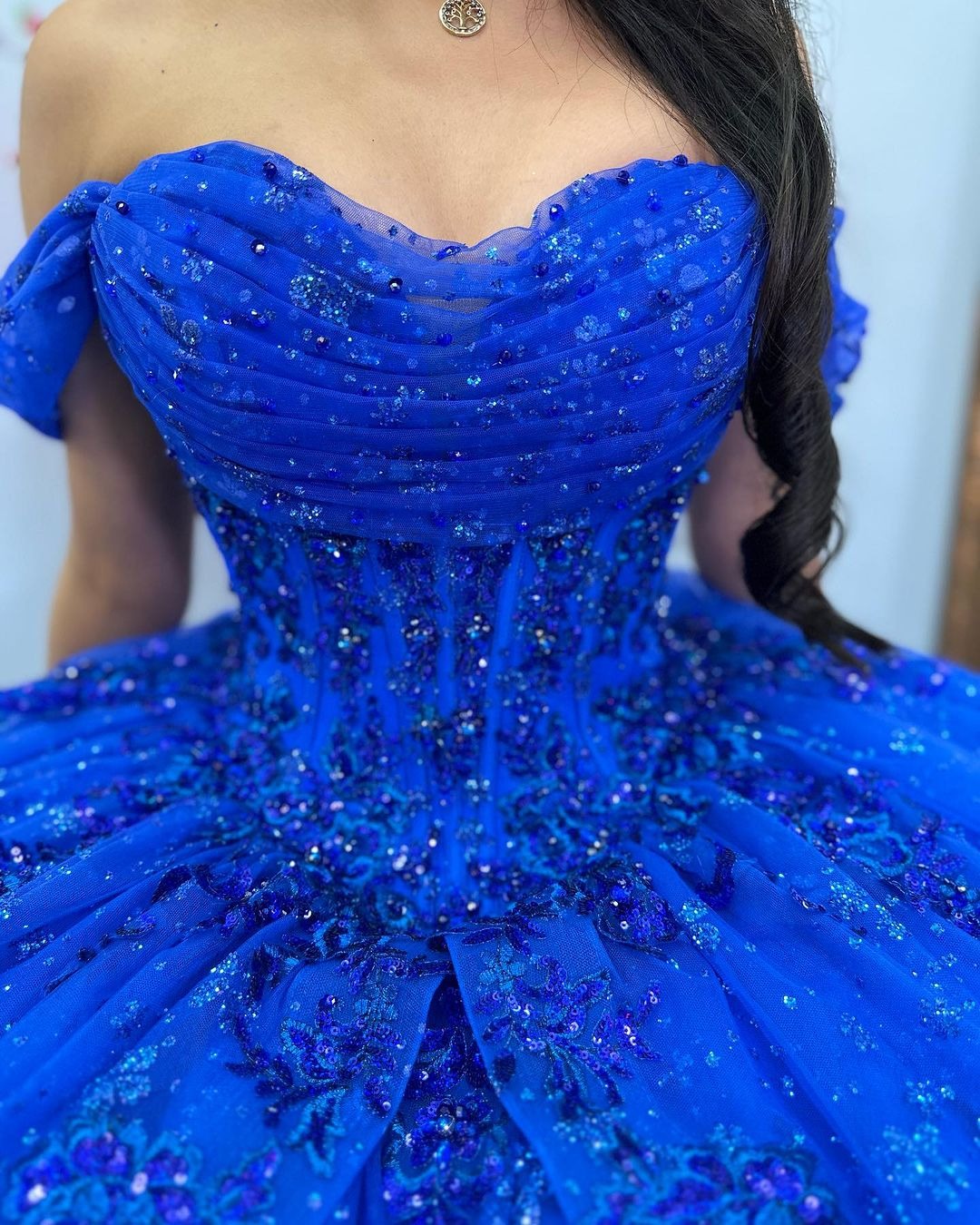 Misshow Royal Blue Off-Shoulder Ball Gown Tiered Glitter Tulle Lace Appliques & Beaded Details for Quinceanera Sweet 16 & Evening Galas