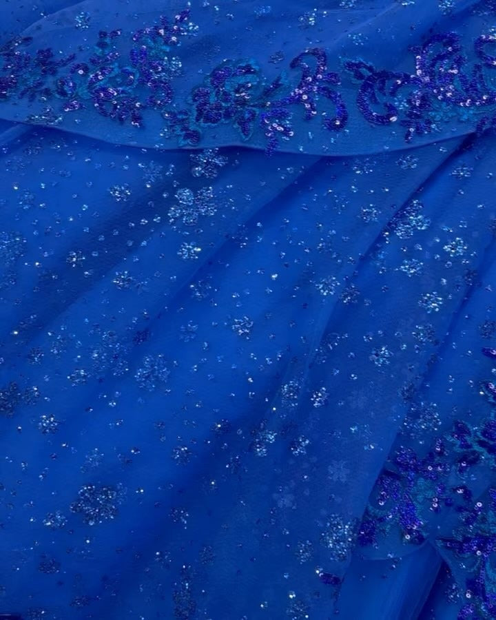 Misshow Royal Blue Off-Shoulder Ball Gown Tiered Glitter Tulle Lace Appliques & Beaded Details for Quinceanera Sweet 16 & Evening Galas