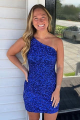 Misshow Royal Blue Open Back One Shoulder Sequins Tight Short Hoco Dress
