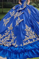 Misshow Royal Blue Quinceanera Ball Gown Sweetheart Neckline Gold Appliques & Tiered Tulle Skirt for Sweet 16 or Birthday Celebrations