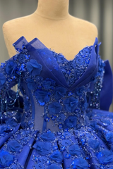 Misshow Royal Blue Satin Quinceanera Dress Off-Shoulder Ball Gown with 3D Beaded Flowers & Glitter Bow for Sweet 16 & Evening Galas