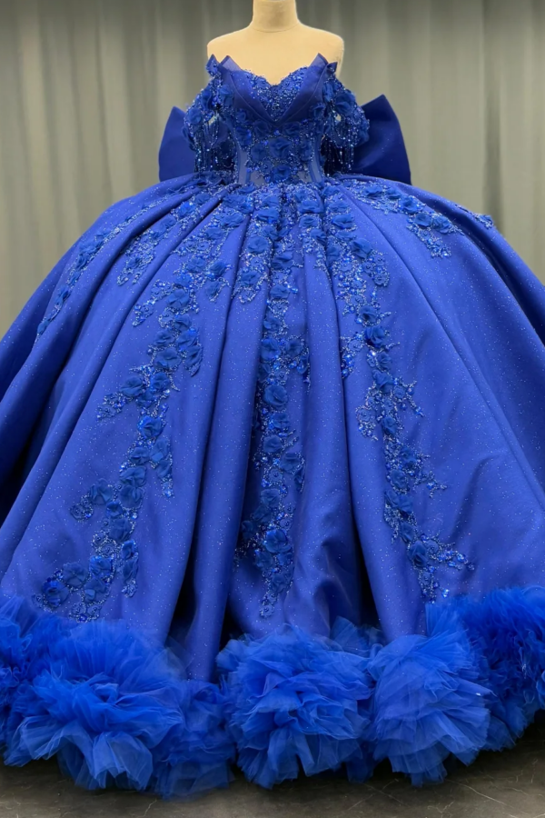 Misshow Royal Blue Satin Quinceanera Dress Off-Shoulder Ball Gown with 3D Beaded Flowers & Glitter Bow for Sweet 16 & Evening Galas
