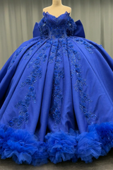 Misshow Royal Blue Satin Quinceanera Dress Off-Shoulder Ball Gown with 3D Beaded Flowers & Glitter Bow for Sweet 16 & Evening Galas