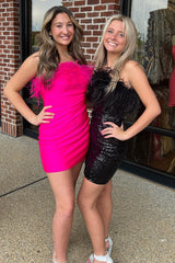 Misshow Royal Blue Satin Tight Short Homecoming Dress/Mini Dress with Feathers