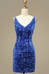 Misshow Royal Blue V Neck Sequins Homecoming Dress/Mini Dress