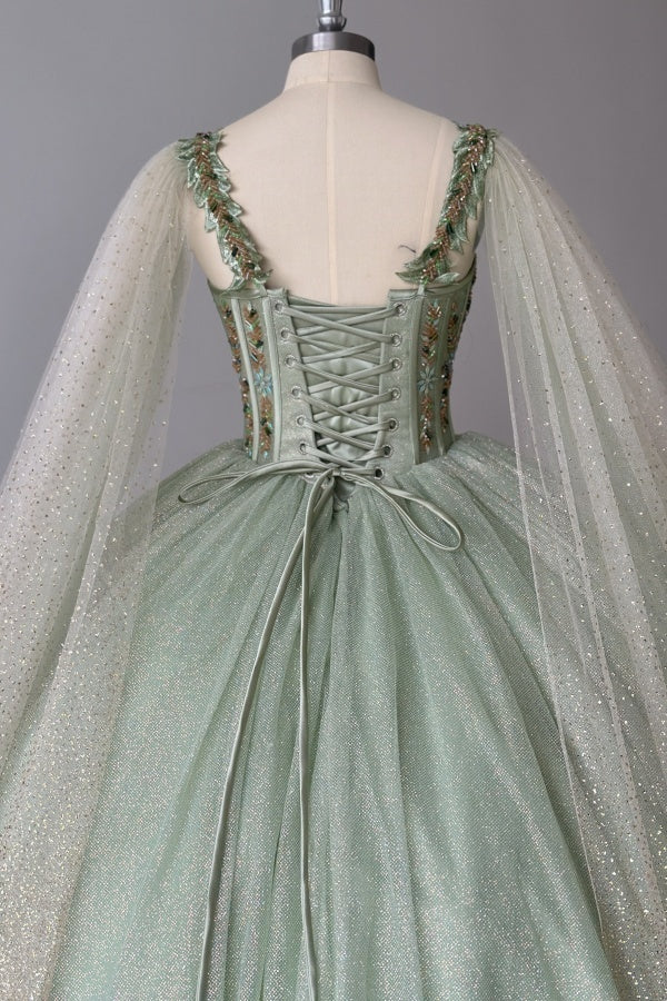 Misshow Sage Green Beaded Ball Gown Sweetheart Neckline Sparkling Tulle Quinceanera Dress for Sweet 16 & Formal Evenings