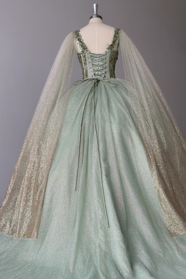 Misshow Sage Green Beaded Ball Gown Sweetheart Neckline Sparkling Tulle Quinceanera Dress for Sweet 16 & Formal Evenings