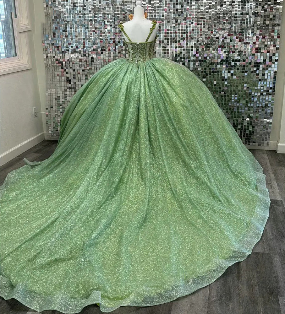 Misshow Sage Green Beaded Ball Gown Sweetheart Neckline Sparkling Tulle Quinceanera Dress for Sweet 16 & Formal Evenings