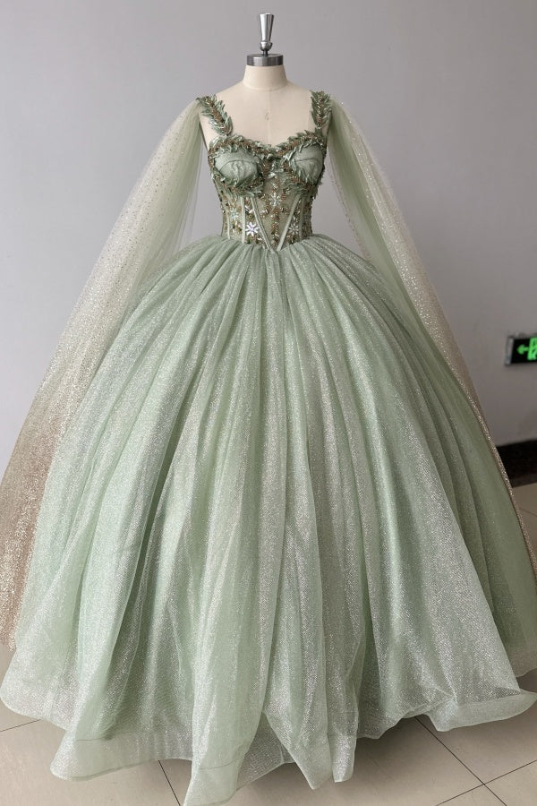 Misshow Sage Green Beaded Ball Gown Sweetheart Neckline Sparkling Tulle Quinceanera Dress for Sweet 16 & Formal Evenings