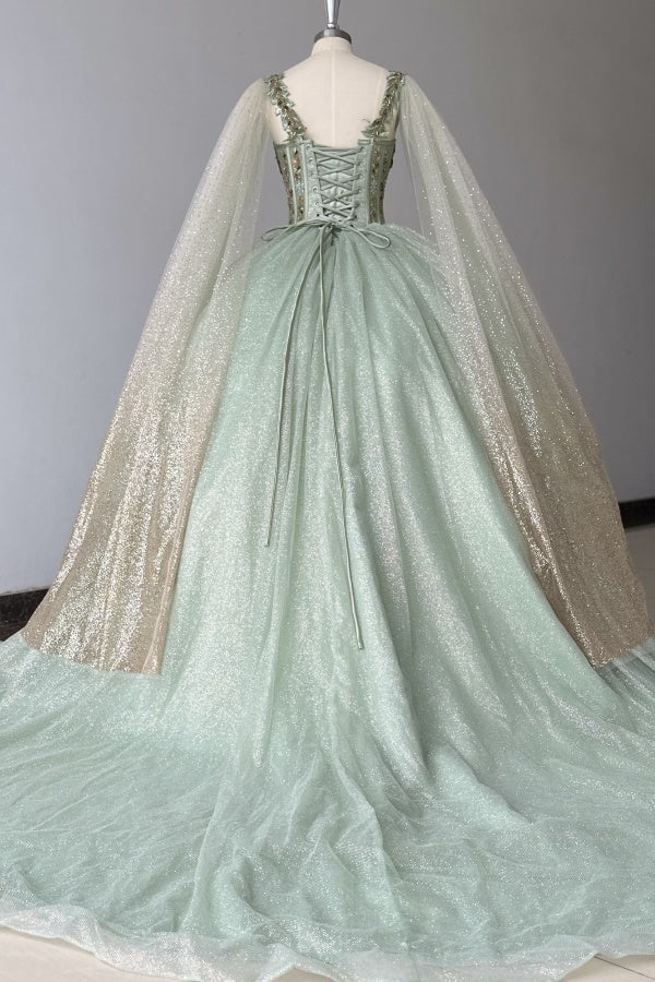Misshow Sage Green Beaded Ball Gown Sweetheart Neckline Sparkling Tulle Quinceanera Dress for Sweet 16 & Formal Evenings