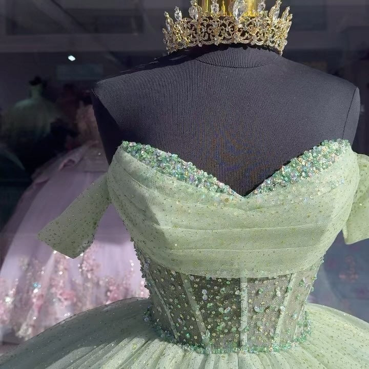 Misshow Sage Green Off-Shoulder Ball Gown with Beaded Detailing & Glitter Tulle Skirt Perfect for Quinceanera Sweet 16 and Formal Evening Events