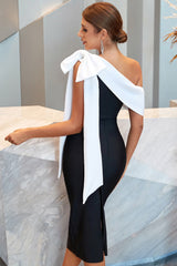 Misshow Sheath One Shoulder Black Party Dress with Bowknot