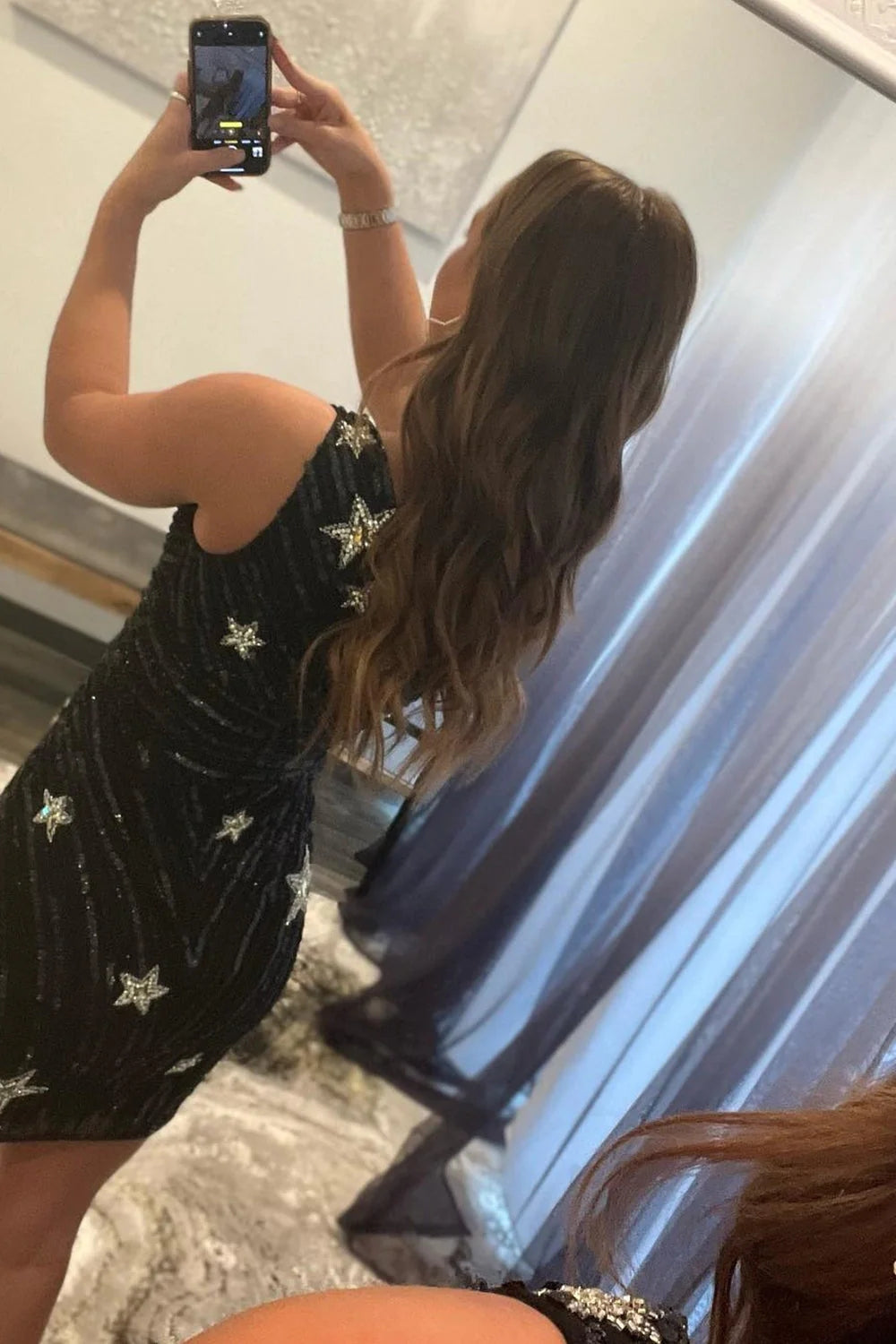 Misshow Sheath One Shoulder Black Sequins Short Homecoming Dress/Mini Dress with Star