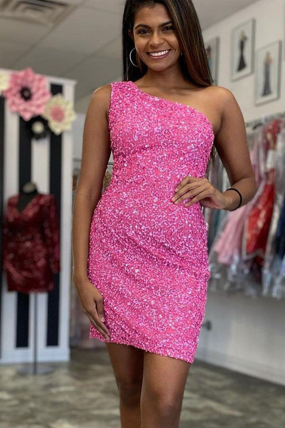 Misshow Sheath One Shoulder Royal Blue Sequins Short Homecoming Dress/Mini Dress