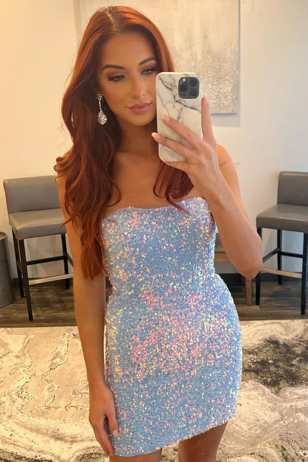 Misshow Sheath Sweetheart Light Blue Sequins Short Homecoming Dress/Mini Dress