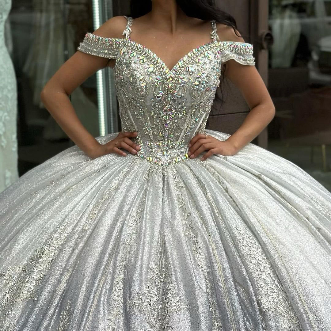 Misshow Silver Ball Gown Off-Shoulder Beaded Lace Applique Quinceanera Dress with Sweep Train for Sweet 16 & Princess Parties