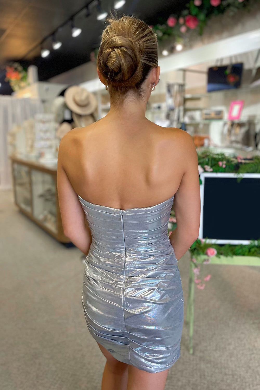 Misshow Silver Sparkly Strapless Tight Short Homecoming Dress/Mini Dress with Beadings