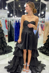 Misshow Simple Black A-Line Corset Sweetheart High Low Tiered Prom Dress