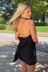 Misshow Simple Black Halter Backless Tight Short Satin Homecoming Dress/Mini Dress